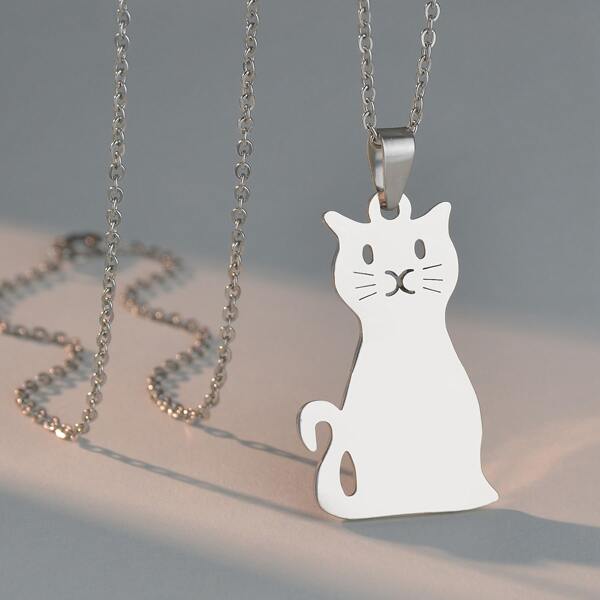 

Stainless Steel Cat Decor Necklace, Silver