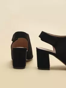 Chunky Heeled Slingback Sandals, Women's Black High Heel Sandals - Black - View 4