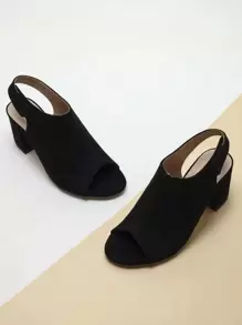 Chunky Heeled Slingback Sandals, Women's Black High Heel Sandals - Black - View 6