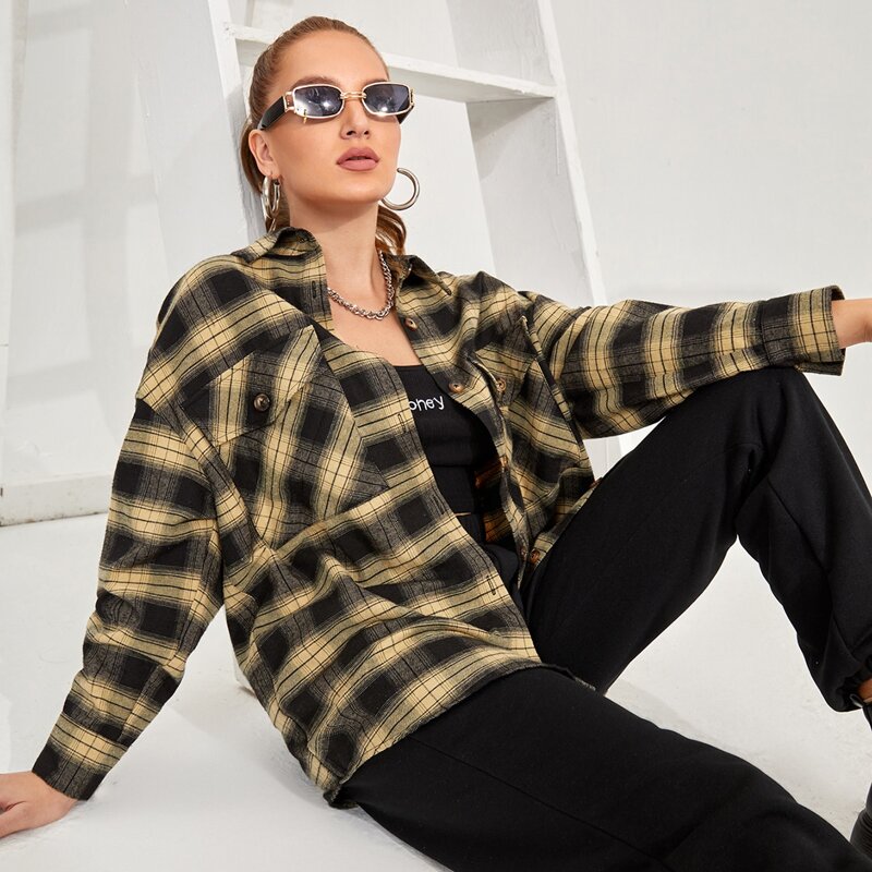 

Plaid Drop Shoulder Flap Pocket Blouse, Multicolor