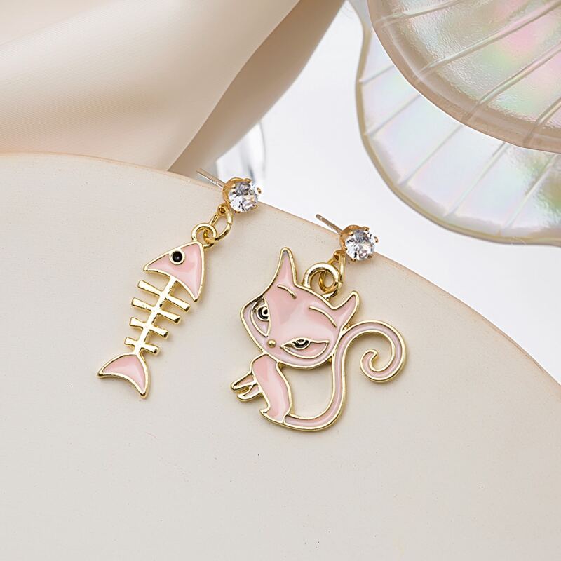 

Cat & Fish Bone Drop Earrings, Pink