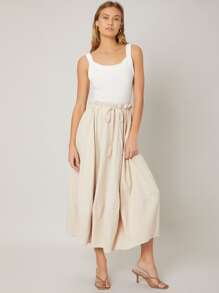 SHEIN Unity Ramie Flowy Skirt - Beige - View 3