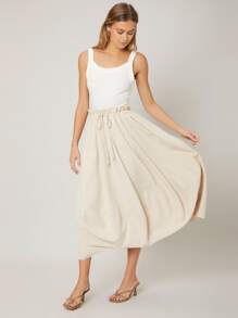 SHEIN Unity Ramie Flowy Skirt - Beige - View 8