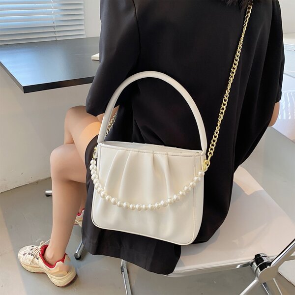 

Faux Pearls Decor Ruched Bucket Bag, White