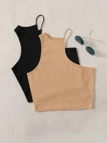 Muchica 2pcs Solid Asymmetric Neck Halter Top - Multicolor - View 2