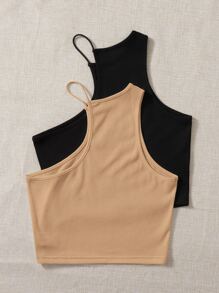 Muchica 2pcs Solid Asymmetric Neck Halter Top - Multicolor - View 3