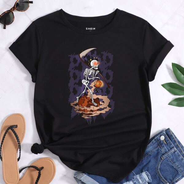 

Skull & Halloween Print Round Neck Tee, Black