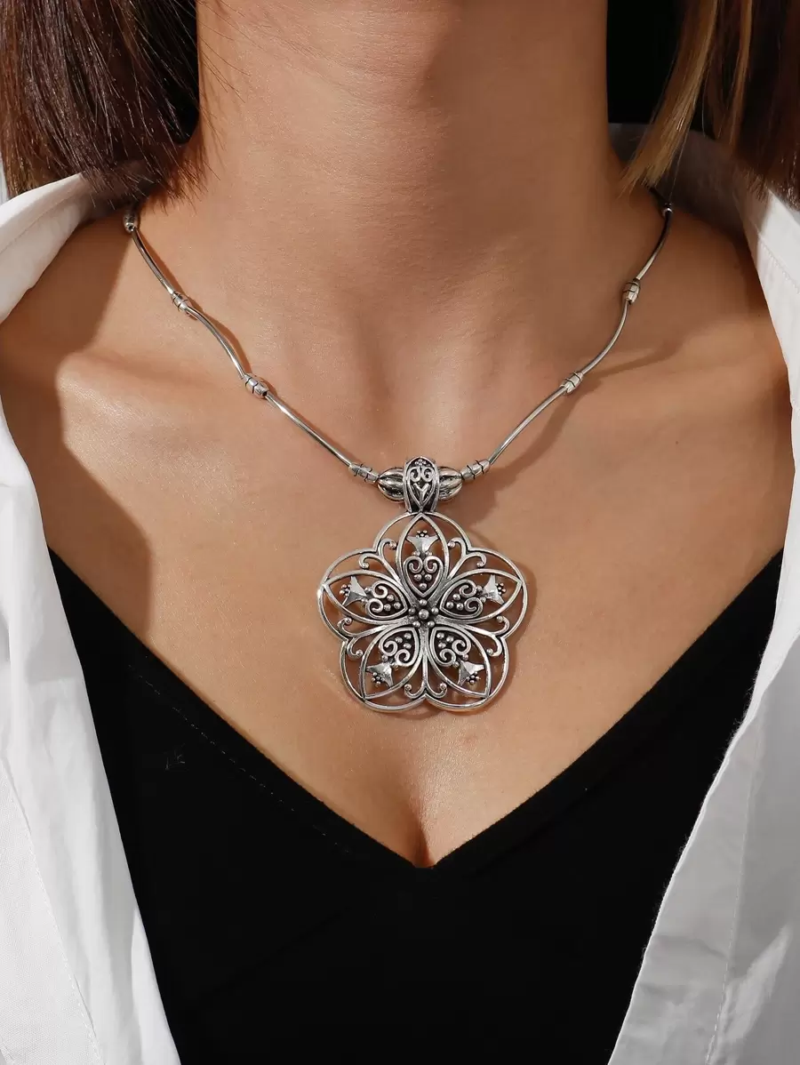 Flower Charm Necklace Valentines - Antique Silver - View 1