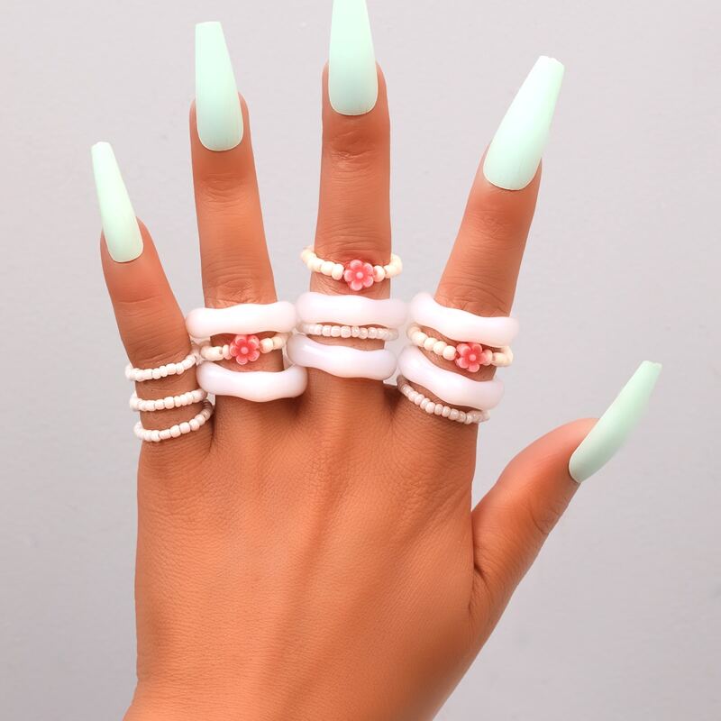 

14pcs Flower Beaded & Resin Ring, Multicolor