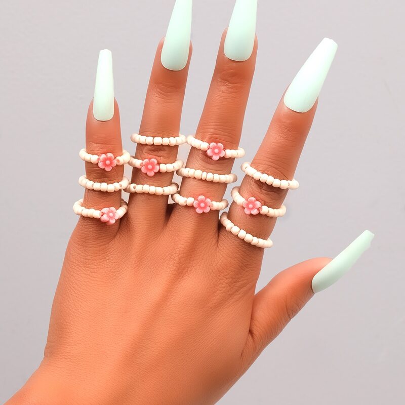 

12pcs Floral Decor Beaded Ring, Beige