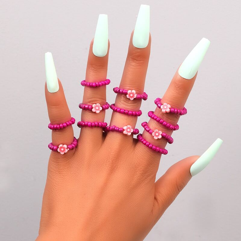 

12pcs Floral Decor Beaded Ring, Hot pink
