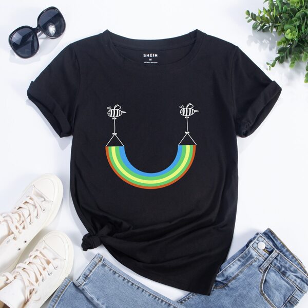 

Rainbow Striped & Cartoon Graphic Tee, Black