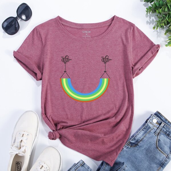 

Rainbow Striped & Cartoon Graphic Tee, Dusty pink