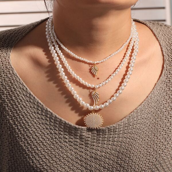 

3pcs Faux Pearl Beaded Necklace, White