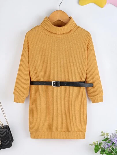 小女童高領落肩袖不附腰帶連衣裙