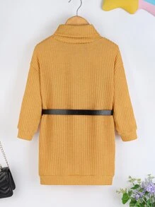 小女童高領落肩袖不附腰帶連衣裙 - 薑色 - 查看 2