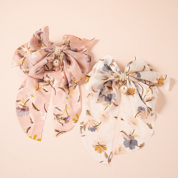 

2pcs Flower Print Bow Decor Hair Clip, Multicolor