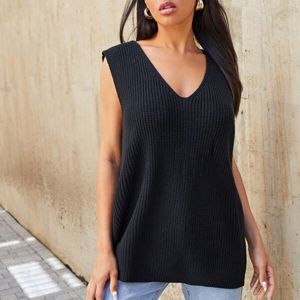 

Split Hem Ribbed Knit Sweater Vest, Black