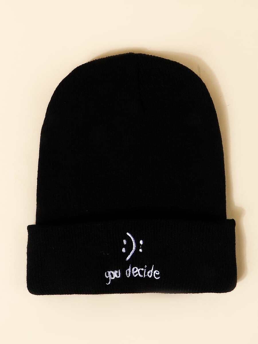 Men's Alphabet Embroidered Beanie Hat - Black - View 1