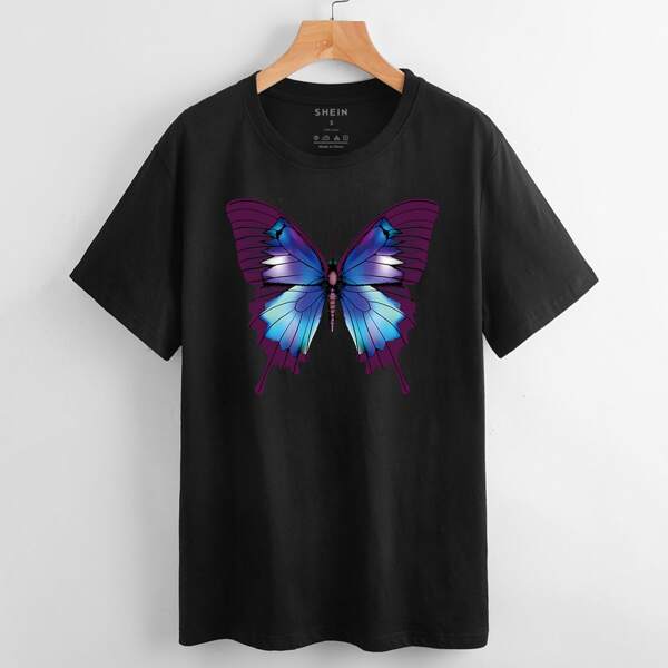 

Butterfly Print Drop Shoulder Tee, Black