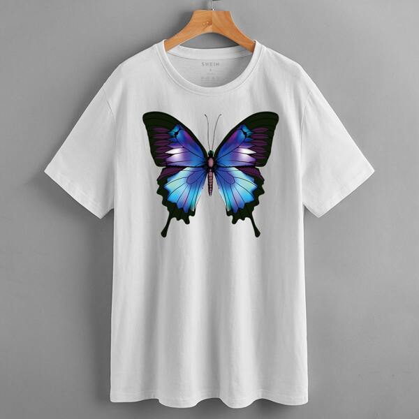 

Butterfly Print Drop Shoulder Tee, White