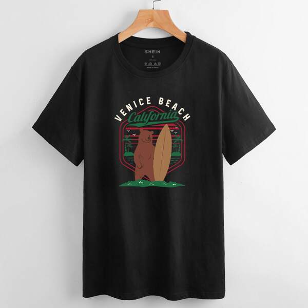 

Cartoon & Letter Graphic Drop Shoulder Tee, Black