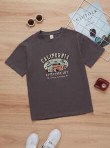 SHEIN Camiseta Gráfica Tween De Letra Y Coche Para Niñas
