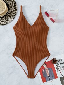Plain Ribbed V Neck One Piece Swimsuit, For Summer Beach Vacation
