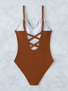 Plain Ribbed V Neck One Piece Swimsuit, For Summer Beach Vacation