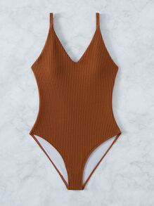 Plain Ribbed V Neck One Piece Swimsuit, For Summer Beach Vacation