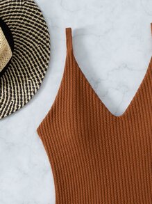 Plain Ribbed V Neck One Piece Swimsuit, For Summer Beach Vacation