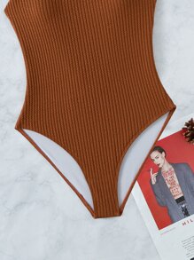 Plain Ribbed V Neck One Piece Swimsuit, For Summer Beach Vacation