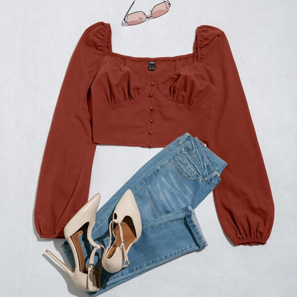 

Button Front Lantern Sleeve Top, Burgundy