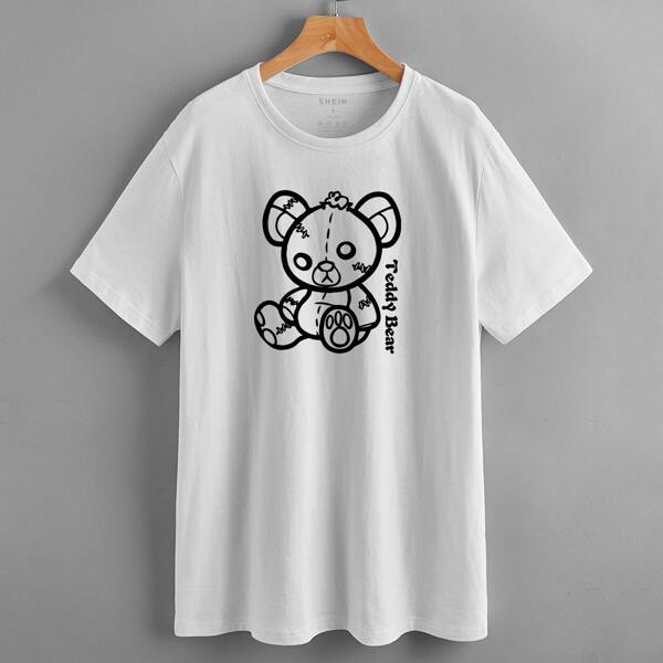 

Cartoon Bear And Slogan Graphic Tee, White