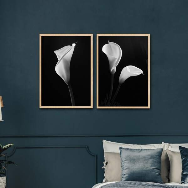 

2pcs Flower Print Unframed Painting, Black and white