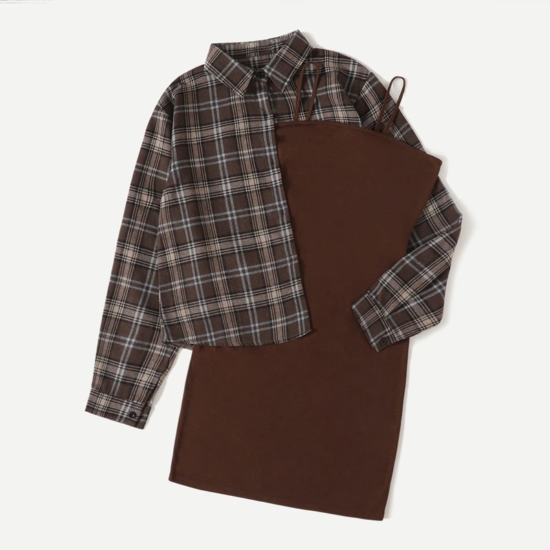 

Plaid Button Front Blouse & Solid Cami Dress, Coffee brown