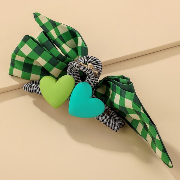 

Heart & Plaid Bow Decor Hair Claw, Green