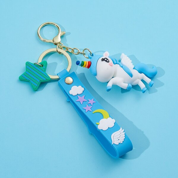 

Cartoon Unicorn Charm Keychain, Blue