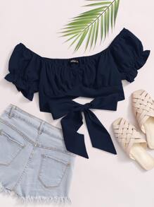 Soleia Tied Hem Puff Sleeve Crop Top - Navy Blue - View 1