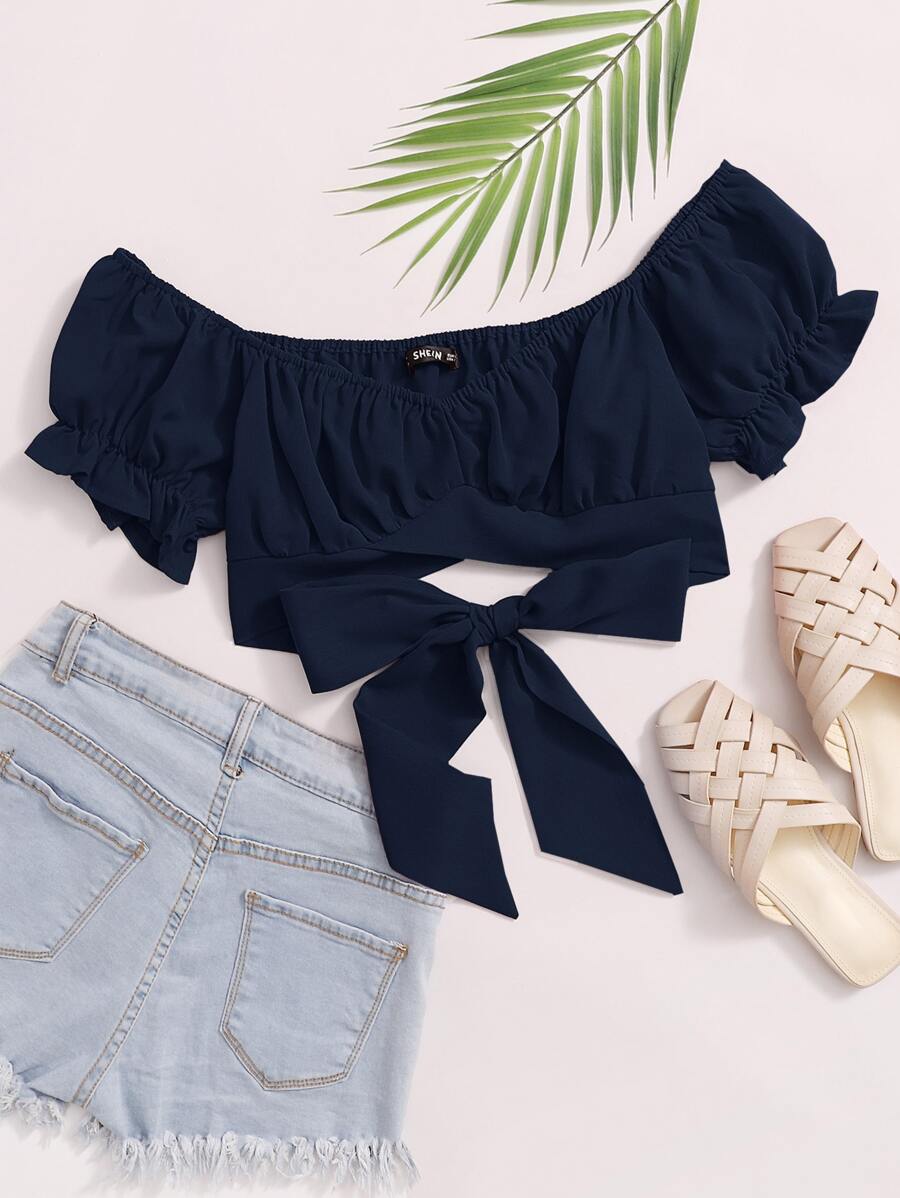 Soleia Tied Hem Puff Sleeve Crop Top - Navy Blue - View 1