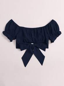 Soleia Tied Hem Puff Sleeve Crop Top - Navy Blue - View 2