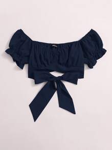 Soleia Tied Hem Puff Sleeve Crop Top - Navy Blue - View 3