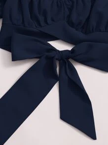 Soleia Tied Hem Puff Sleeve Crop Top - Navy Blue - View 4