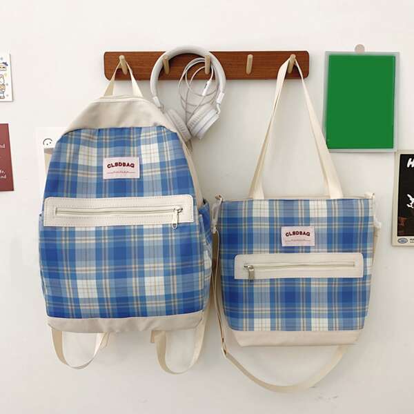 

Plaid Pattern Functional Backpack With Shoulder Tote Bag, Blue