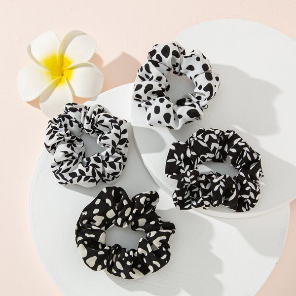 

4pcs Allover Print Scrunchie, Black and white