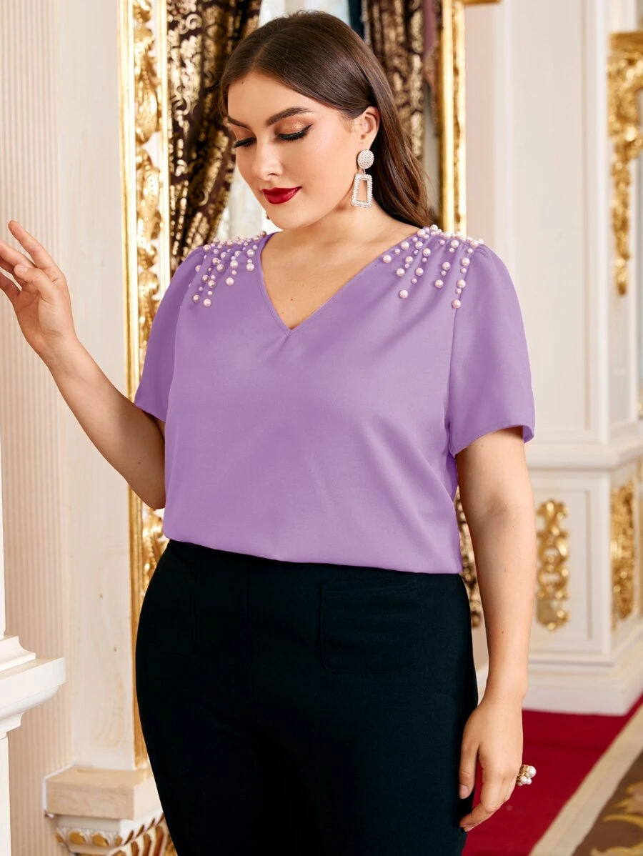 Modelyn Plus Pearl Beaded Top - Lilac Purple - View 1