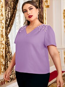 Modelyn Plus Pearl Beaded Top - Lilac Purple - View 3