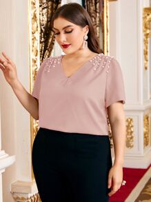 Modelyn 大碼珍珠釘珠上衣 - 藕粉色 - 查看 1