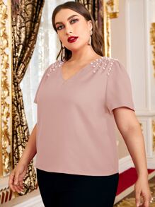 Modelyn 大碼珍珠釘珠上衣 - 藕粉色 - 查看 3