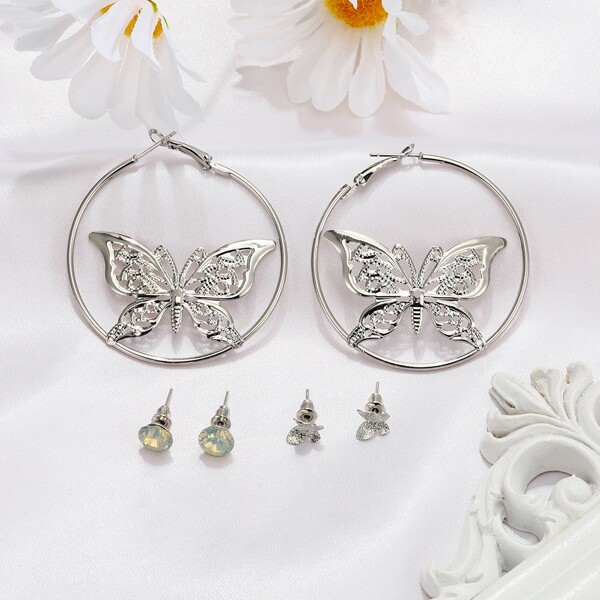 

3pairs Butterfly Decor Earrings, Silver